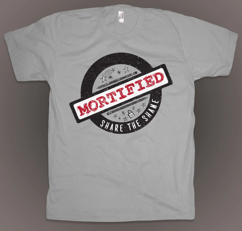 Screen printed tee shirt for the Mortified podcast